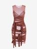 Sheer Mesh Wrap-tie Slinky Bandage Dress S Coffee