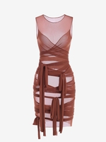 Sheer Mesh Wrap-tie Slinky Bandage Dress S Coffee