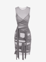 Sheer Mesh Wrap-tie Slinky Bandage Dress S Gray