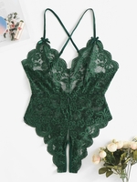 Sheer Scalloped Lace Criss Cross Crotchless Lingerie Teddy L Green