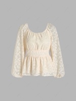 Sheer Sleeve Leopard Jacquard Peplum Blouse S Light coffee