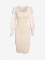 Sheer Swiss Dot Jacquard Sleeve Slit Slinky Dress L Light coffee