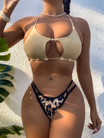 Shell Embellished Leopard High Leg Cutout Star-shaped Bikini Swimwear Light coffee