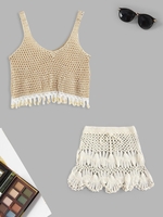 Shell Tassel Beach Tank Top and Scalloped Edge Crochet Skirt Light coffee