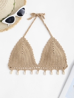 Shell Tassel Crochet Halter Bikini Top L Light coffee