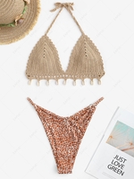 Shell Tassel Crochet Halter Giraffe Print High Cut Bikini Swimwear Light coffee