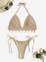 Shell Tassel Crochet Tie Metallic Bikini Swimwear Light coffee