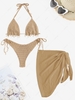 Shells Crochet High Leg String Bikini Swimwear and Tie Side Beach Sarong Light coffee