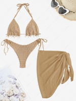Shells Crochet High Leg String Bikini Swimwear and Tie Side Beach Sarong Light coffee