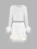 Shiny Fishnet Shaggy Faux Fur Trim Top and Skirt Set L White