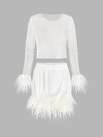 Shiny Fishnet Shaggy Faux Fur Trim Top and Skirt Set L White