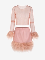 Shiny Fishnet Shaggy Faux Fur Trim Top and Skirt Set S Light pink