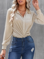 Shiny Velvet Button Down Shirt L Light coffee