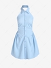 Shirred Open Back Button Up Shirt Dress L Light blue