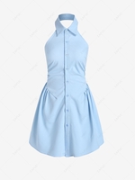 Shirred Open Back Button Up Shirt Dress S Light blue