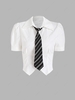 Short Puff Sleeves Slim Shirt With Striped Necktie Xl White