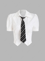 Short Puff Sleeves Slim Shirt With Striped Necktie Xl White