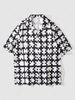 Short Sleeve Button Up Jigsaw Puzzle Print Shirt L Black