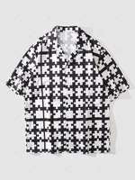 Short Sleeve Button Up Jigsaw Puzzle Print Shirt M Black
