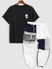 Short Sleeve Rose Print Cotton T Shirt With Colorblock RULES Sports Sweatpants Two Piece Set Black