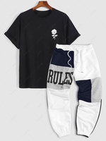 Short Sleeve Rose Print Cotton T Shirt With Colorblock RULES Sports Sweatpants Two Piece Set Black