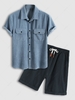Short Sleeves Corduroy Shirt With Bermuda Shorts Two Piece Set Deep blue