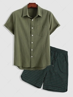 Short Sleeves Shirt And Plaid Shorts Two Piece Set Deep green