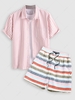 Short Sleeves Vertical Stripe Shirt With Lace Up Colorblock Striped Shorts Two Piece Set Light pink