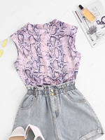 Shoulder Pad Snake Print Keyhole Back Blouse S Light pink