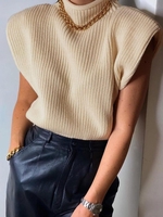 Shoulder Padded Mock Neck Vest Sweater M Light coffee