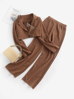 Shoulder Padded One Button Straight Pants Set S Coffee