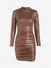 Shoulder Padded PU Ruched Mini Bodycon Dress M Coffee