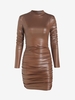 Shoulder Padded PU Ruched Mini Bodycon Dress S Coffee