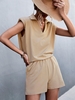 Shoulder Padded V Notched Pocket Shorts Set L Light coffee