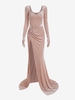 Shoulder Pads Velvet Twist Slit Prom Dress with Gloves M Light pink