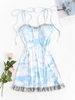 Shoulder Tie Cloud Print Lace Trim Mini Dress L Light blue