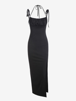 Shoulder Tie Ruched Split Hem Slinky Maxi Dress L Black