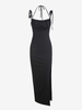 Shoulder Tie Ruched Split Hem Slinky Maxi Dress M Black