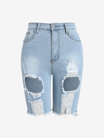 Shredded Distressed Denim Bermuda Cutoff Shorts S Light blue