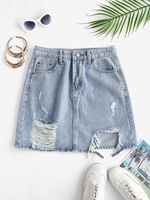 Shredded Distressed Frayed Denim Mini Skirt M Light blue