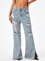 Shredded Distressed Split Hem Flare Jeans M Blue