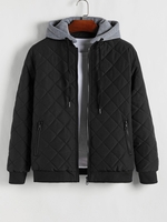 Side Pocket Design Argyle Quilted Hooded Jacket L Black