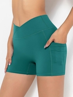 Side Pocket Design Solid Color Sport Shorts L Deep green