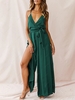 Side Slit Belted Surplice Wide Leg Jumpsuit L Green