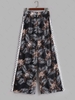 Side Thigh High Slit Leaves Floral Print Pompoms Beach Pants Black