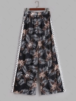 Side Thigh High Slit Leaves Floral Print Pompoms Beach Pants Black