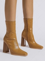 Side Zip Chunky Heeled Square Toe Mid-calf Boots