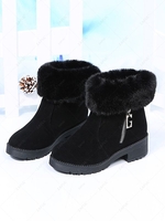 Side Zip Warm Faux Fur Panel Chunky Heeled Boots