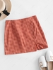 Side Zipper Plaid Front Slit Mini Skirt M Orange
