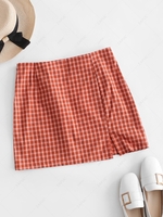 Side Zipper Plaid Front Slit Mini Skirt M Orange